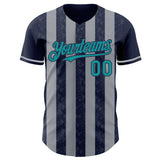 Custom Navy Teal-Gray Classic Vertical Stripe Fluid Liquid Texture Authentic Baseball Jersey