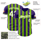 Custom Purple White-Neon Green Classic Vertical Stripe Fluid Liquid Texture Authentic Baseball Jersey