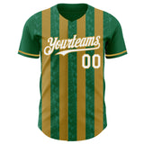 Custom Kelly Green White-Old Gold Classic Vertical Stripe Fluid Liquid Texture Authentic Baseball Jersey