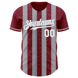 Custom Crimson White-Gray Classic Vertical Stripe Fluid Liquid Texture Authentic Baseball Jersey