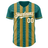 Custom Teal White-Old Gold Classic Vertical Stripe Fluid Liquid Texture Authentic Baseball Jersey