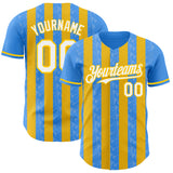 Custom Electric Blue White-Yellow Classic Vertical Stripe Fluid Liquid Texture Authentic Baseball Jersey