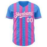 Custom Electric Blue White-Pink Classic Vertical Stripe Fluid Liquid Texture Authentic Baseball Jersey