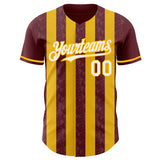 Custom Burgundy White-Gold Classic Vertical Stripe Fluid Liquid Texture Authentic Baseball Jersey