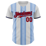 Custom White Red Light Blue-Navy Gradient Vertical Stripe Argentina Style Authentic Baseball Jersey