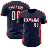 Custom Navy White-Red Classic Color Block Side Panel Stripe Authentic Baseball Jersey