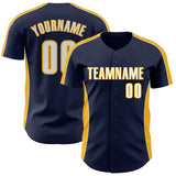 Custom Navy White-Gold Classic Color Block Side Panel Stripe Authentic Baseball Jersey
