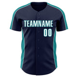 Custom Navy White-Teal Classic Color Block Side Panel Stripe Authentic Baseball Jersey