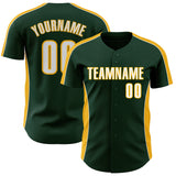 Custom Green White-Gold Classic Color Block Side Panel Stripe Authentic Baseball Jersey