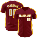 Custom Crimson White-Gold Classic Color Block Side Panel Stripe Authentic Baseball Jersey