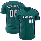 Custom Teal White-Navy Classic Color Block Side Panel Stripe Authentic Baseball Jersey