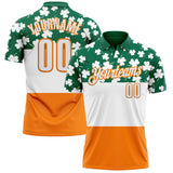 Custom Kelly Green White-Bay Orange 3D St. Patrick's Day Shamrock Performance Polo Shirt