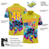 Custom Gold Light Yellow-Deep Pink 3D American Flag Splash Lightning Skull Bowling Performance Polo Shirt
