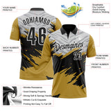 Custom Old Gold Black Gray-White 3D Pattern Design Splash Performance Polo Shirt