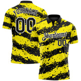 Custom Black Light Yellow-White Paint Splash Stripe Performance Polo Shirt