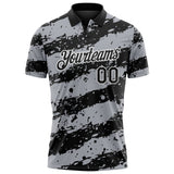 Custom Black Gray-White Paint Splash Stripe Performance Polo Shirt