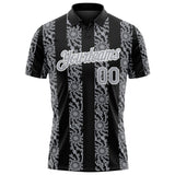 Custom Black Gray-White 3D Pattern Abstract Floral Stripe Tribal Performance Polo Shirt