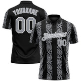 Custom Black Gray-White 3D Pattern Abstract Floral Stripe Tribal Performance Polo Shirt