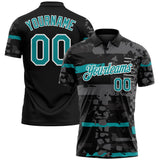 Custom Black Teal-White Abstract Geometric Grunge Fragment Performance Polo Shirt