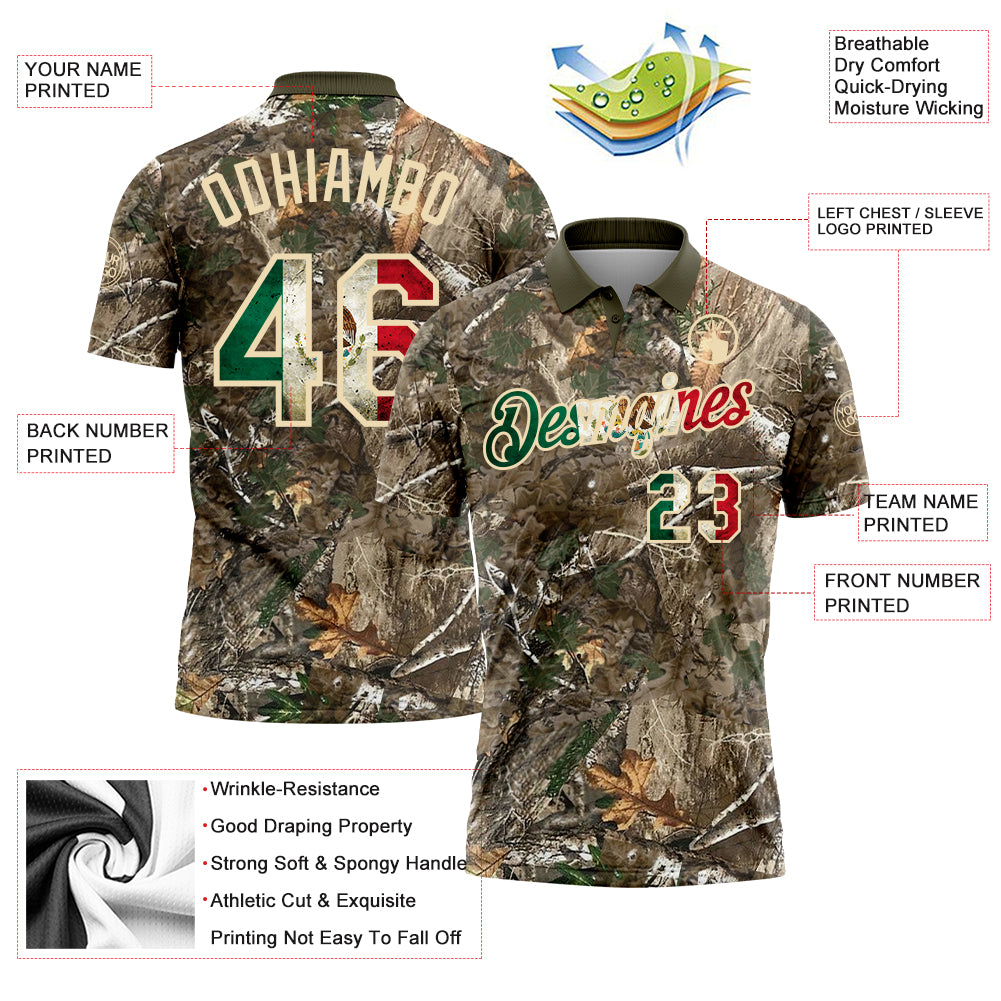 Custom Camo Vintage Mexican Flag Cream-Olive Camo Woodland Forest Camouflage Salute To Service Patriotic Performance Polo Shirt