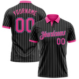Custom Black White Pinstripe Pink-Light Blue Performance Polo Shirt