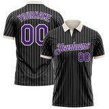 Custom Black White Pinstripe Purple-Cream Performance Polo Shirt