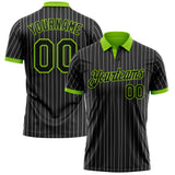 Custom Black White Pinstripe-Neon Green Performance Polo Shirt