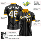 Custom Black White Pinstripe-Gold Performance Polo Shirt
