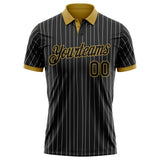 Custom Black White Pinstripe-Old Gold Performance Polo Shirt