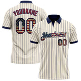Custom Cream Navy Pinstripe Vintage USA Flag-Crimson Performance Polo Shirt