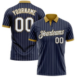 Custom Navy White Pinstripe-Old Gold Performance Polo Shirt
