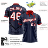 Custom Navy White Pinstripe-Red Performance Polo Shirt
