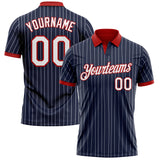 Custom Navy White Pinstripe-Red Performance Polo Shirt
