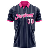 Custom Navy White Pinstripe-Pink Performance Polo Shirt