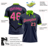 Custom Navy White Pinstripe Pink-Neon Green Performance Polo Shirt
