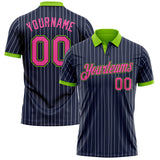 Custom Navy White Pinstripe Pink-Neon Green Performance Polo Shirt
