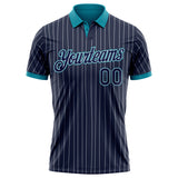 Custom Navy White Pinstripe-Teal Performance Polo Shirt