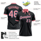 Custom Black Light Blue Pinstripe-Medium Pink Performance Polo Shirt
