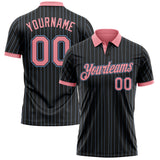 Custom Black Light Blue Pinstripe-Medium Pink Performance Polo Shirt