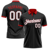 Custom Black Gray Pinstripe White-Red Performance Polo Shirt