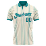 Custom Cream Teal Pinstripe-Gray Performance Polo Shirt