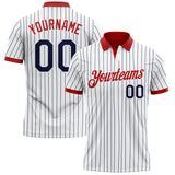 Custom White Navy Pinstripe-Red Performance Polo Shirt