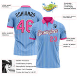 Custom Light Blue White Pinstripe Pink-Black Performance Polo Shirt