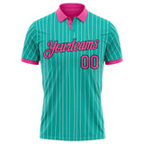 Custom Aqua White Pinstripe Pink-Black Performance Polo Shirt