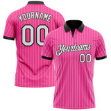 Custom Pink White Pinstripe-Black Performance Polo Shirt