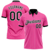 Custom Pink White Pinstripe-Black Performance Polo Shirt