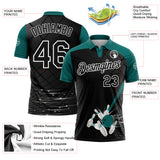 Custom Black Teal-White Bowling Geometric Grid Performance Polo Shirt