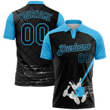 Custom Black-Sky Blue Bowling Geometric Grid Performance Polo Shirt