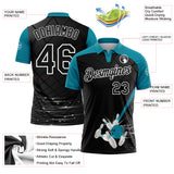 Custom Black Teal-White Bowling Geometric Grid Performance Polo Shirt