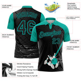 Custom Black-Aqua Bowling Geometric Grid Performance Polo Shirt